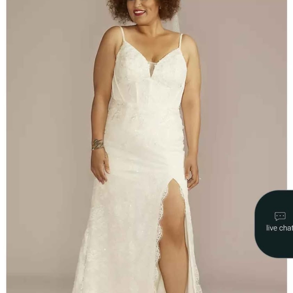 White Lace Spaghetti-Strap Wedding Gown with Side Slit